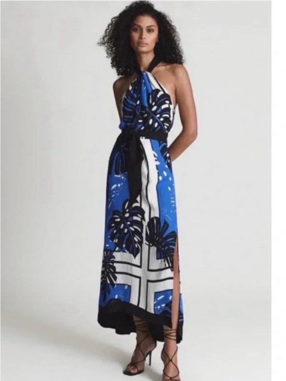 Reiss Blue Black White Tropical Halter Maxi Dress